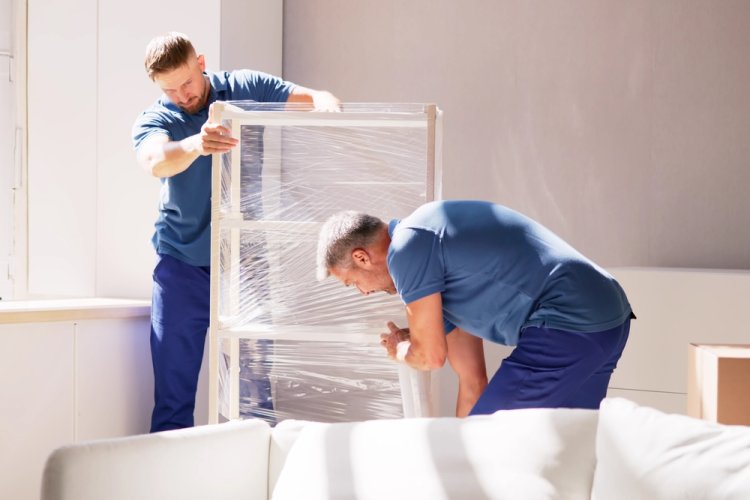 Professional movers carefully handling fragile item