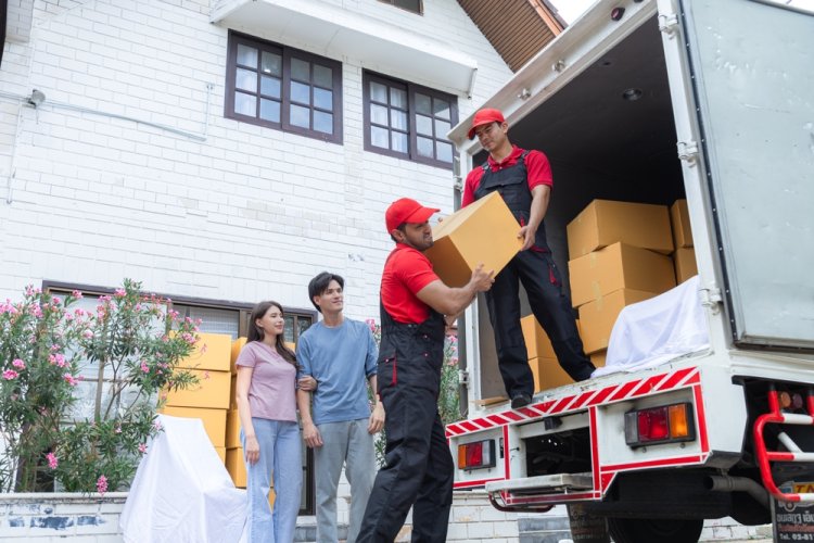 Professional movers loading boxes